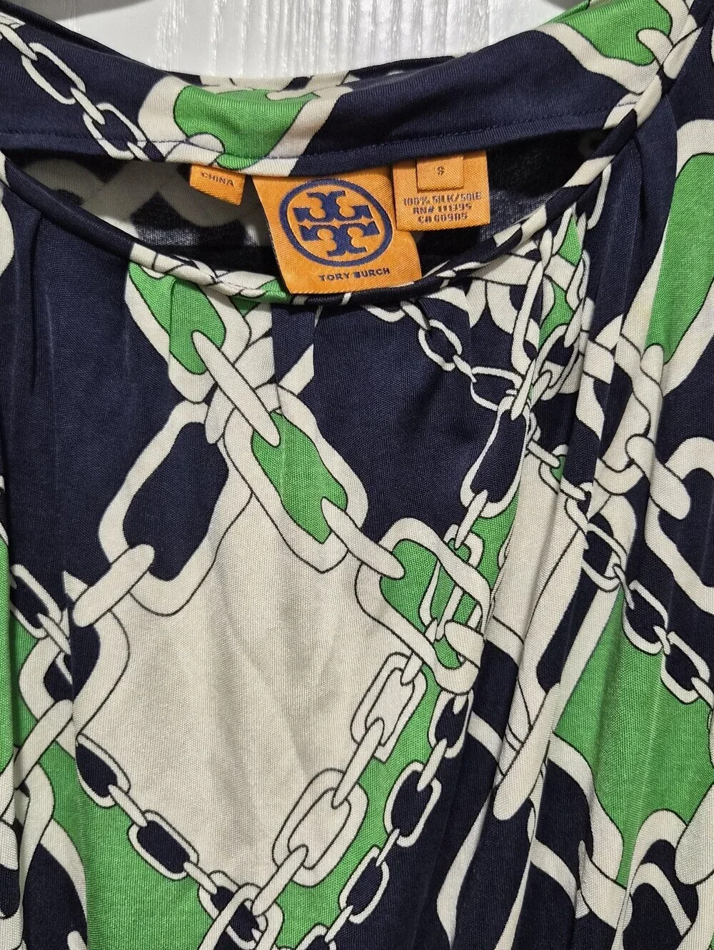 Tory Burch Chain Print 100% Silk Green Midi Dress Size Small
